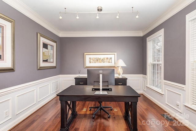 office space with ornamental molding and dark hardwood / wood-style flooring