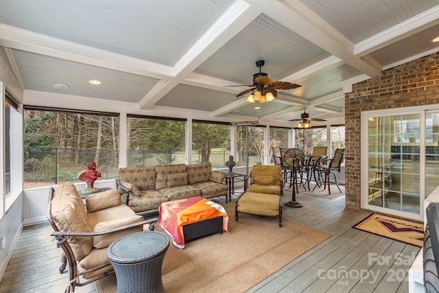 sunroom with beamed ceiling, plenty of natural light, and coffered ceiling