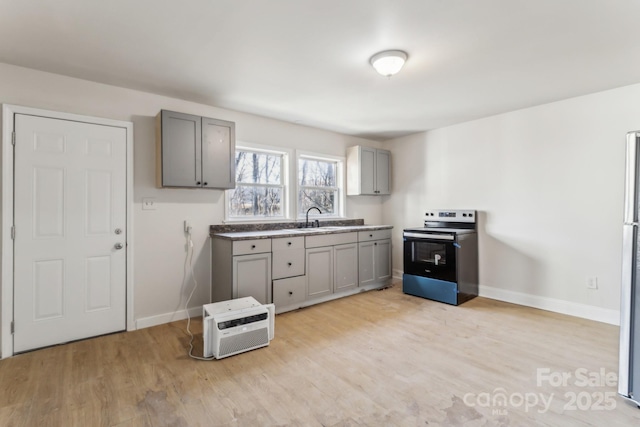 kitchen with sink, gray cabinetry, stainless steel range with electric stovetop, and light hardwood / wood-style flooring