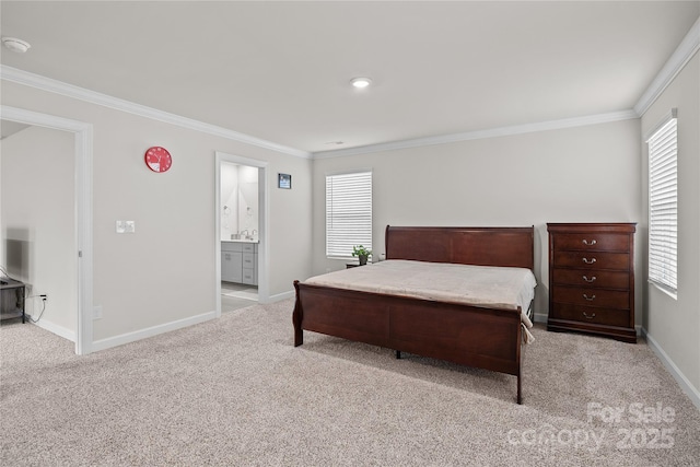 carpeted bedroom with multiple windows, connected bathroom, and ornamental molding