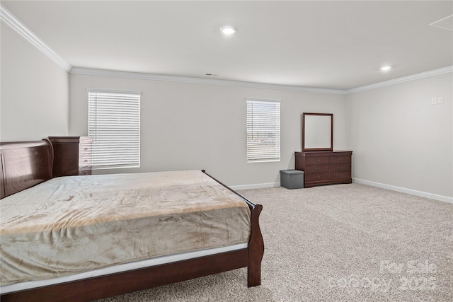 bedroom featuring light carpet and crown molding