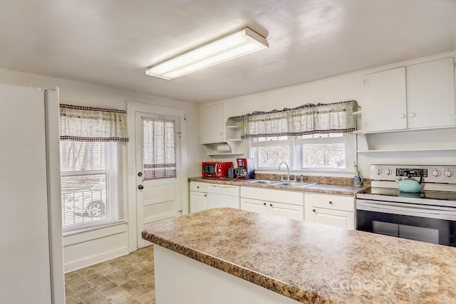 kitchen featuring white cabinets, stainless steel electric stove, dishwasher, and sink