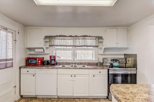 kitchen with white dishwasher, white cabinetry, stainless steel electric range, and sink