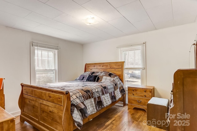 bedroom featuring dark hardwood / wood-style flooring and multiple windows