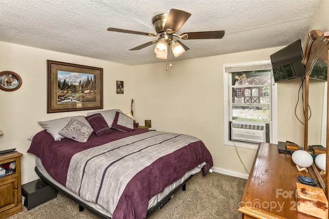 carpeted bedroom featuring a textured ceiling, ceiling fan, and cooling unit