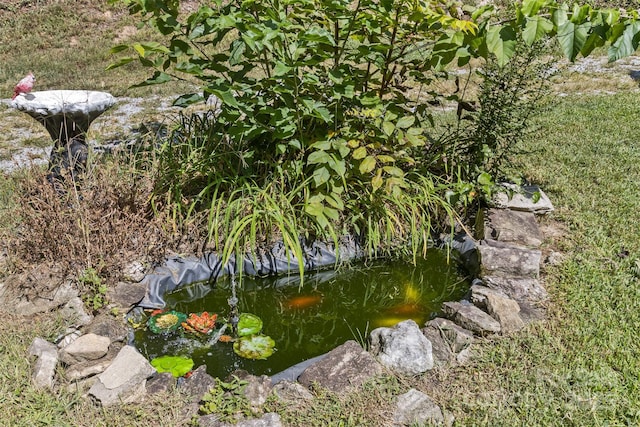 exterior details featuring a small pond