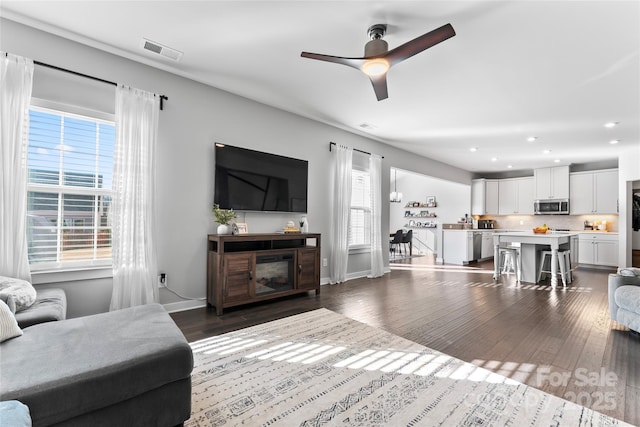 living room featuring ceiling fan and dark hardwood / wood-style floors