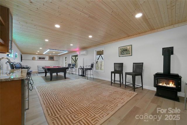 game room with wooden ceiling, pool table, recessed lighting, a wall mounted AC, and light wood-style floors