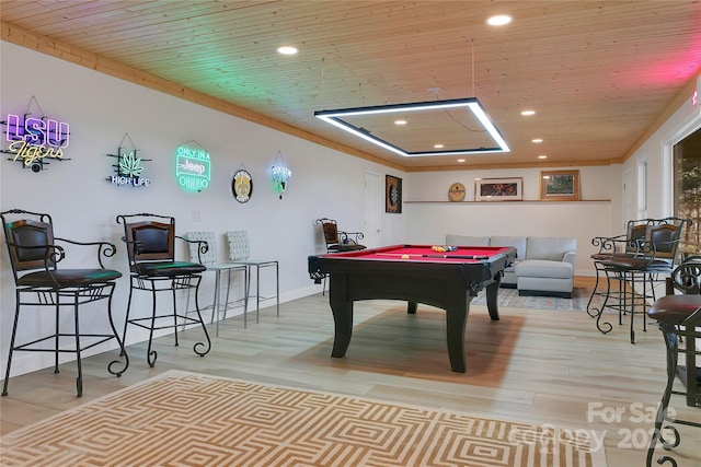 game room featuring pool table, wooden ceiling, recessed lighting, and wood finished floors