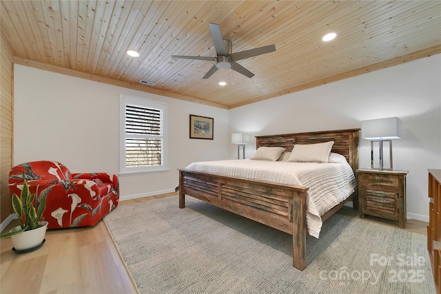 bedroom with wood finished floors, recessed lighting, wood ceiling, baseboards, and a ceiling fan