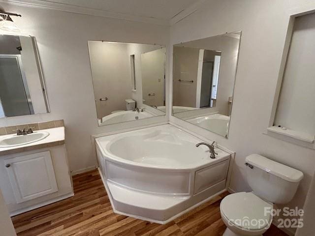 bathroom featuring a bathtub, crown molding, wood-type flooring, and vanity