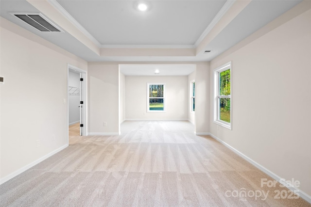 unfurnished room with a raised ceiling, ornamental molding, and light colored carpet