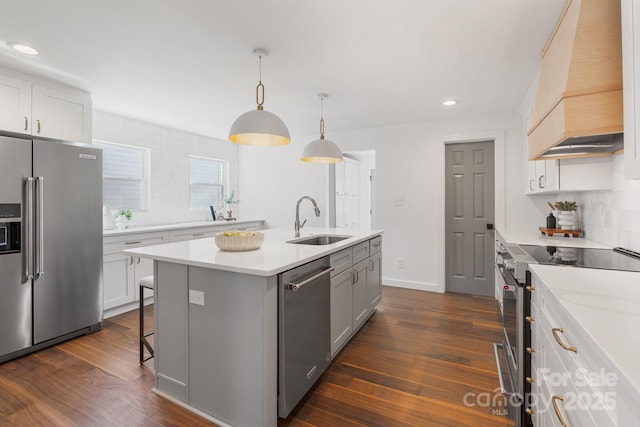 kitchen with custom exhaust hood, sink, a kitchen island with sink, premium appliances, and white cabinets