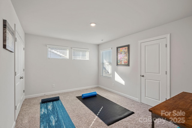 exercise area featuring light carpet