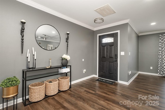 entryway featuring crown molding and dark hardwood / wood-style flooring