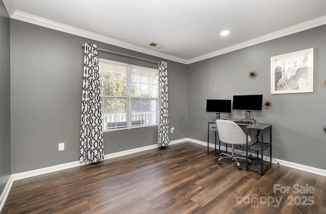 office area with dark wood-type flooring and ornamental molding