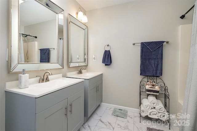 bathroom featuring shower / tub combo with curtain and vanity