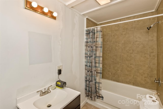 bathroom featuring shower / bath combination with curtain and vanity