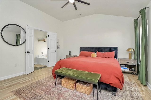 bedroom featuring vaulted ceiling, light hardwood / wood-style floors, and ceiling fan