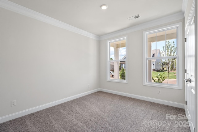 carpeted spare room featuring ornamental molding