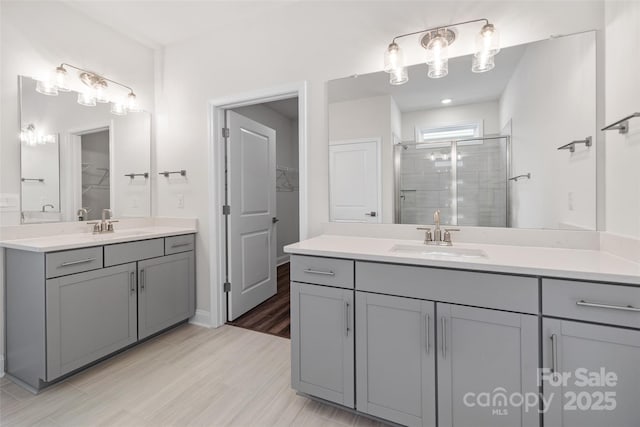 bathroom featuring vanity and a shower with shower door