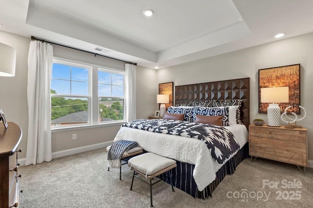 bedroom with a tray ceiling and carpet