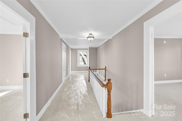 hall with light colored carpet and crown molding