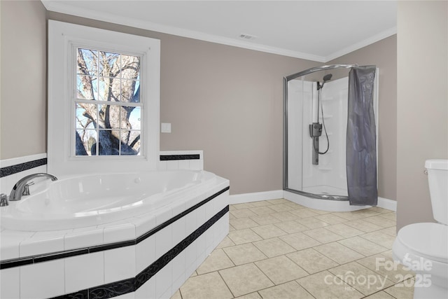 bathroom featuring toilet, ornamental molding, shower with separate bathtub, and tile patterned flooring