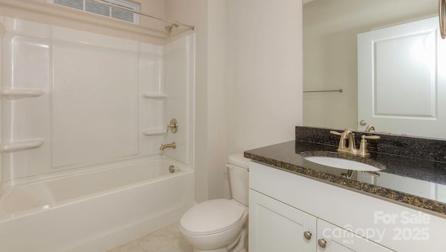 full bathroom featuring shower / tub combination, tile patterned flooring, vanity, and toilet