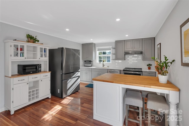 kitchen featuring sink, gray cabinetry, butcher block counters, and stainless steel appliances