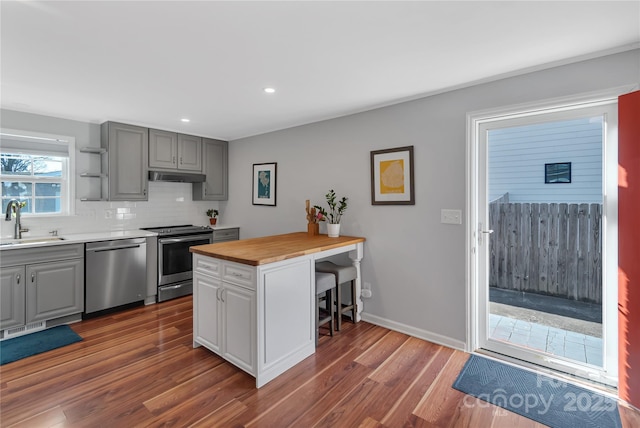 kitchen with extractor fan, butcher block countertops, stainless steel appliances, decorative backsplash, and sink