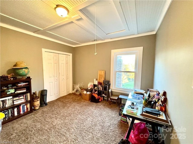 game room featuring carpet and crown molding