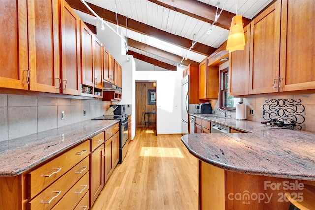 kitchen featuring appliances with stainless steel finishes, light stone counters, lofted ceiling with beams, wooden ceiling, and kitchen peninsula