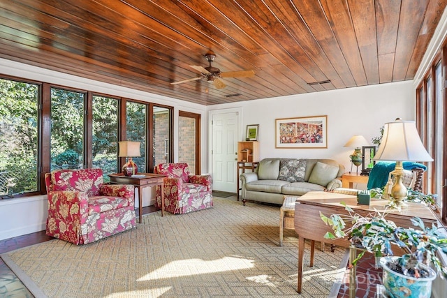 living room featuring wood ceiling and ceiling fan