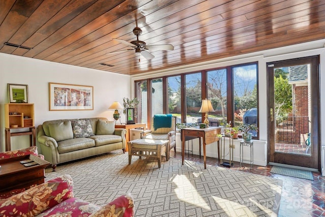 sunroom / solarium with ceiling fan and wood ceiling