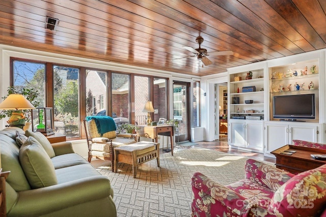 interior space featuring ceiling fan and wood ceiling