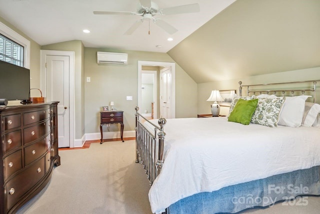 bedroom with ceiling fan, a wall mounted AC, and lofted ceiling