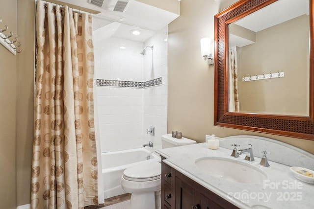 full bathroom with toilet, shower / bathtub combination with curtain, and vanity