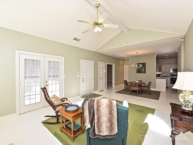 living room with french doors, ceiling fan, light tile patterned flooring, and vaulted ceiling with beams