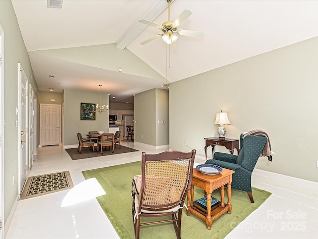 living area featuring ceiling fan with notable chandelier, high vaulted ceiling, and beamed ceiling