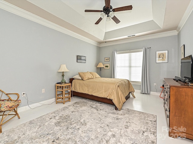 bedroom with ceiling fan, crown molding, and a raised ceiling