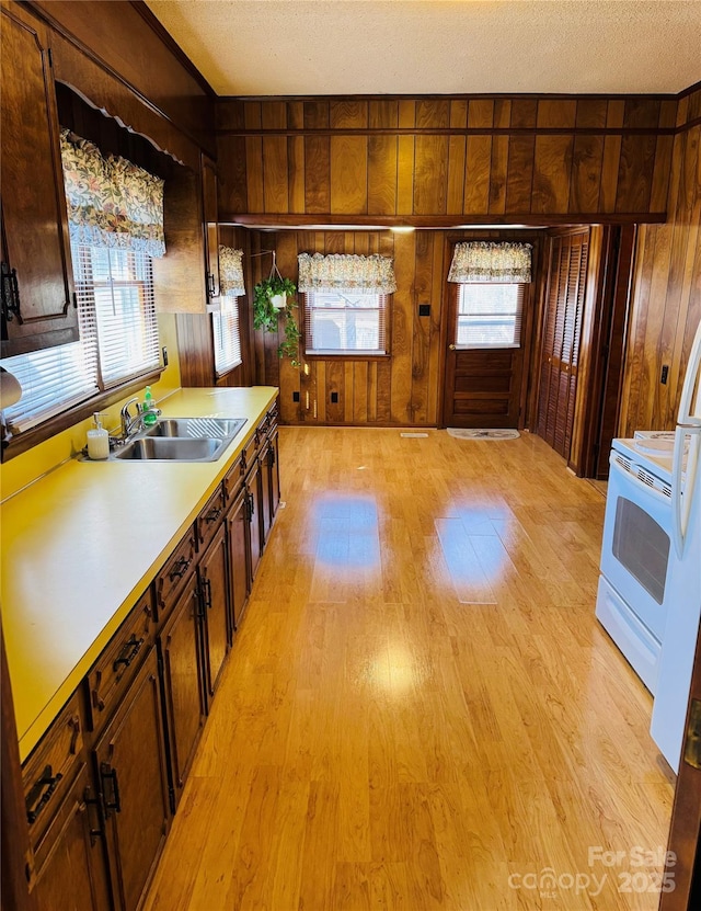 kitchen with sink, wooden walls, a textured ceiling, and electric stove