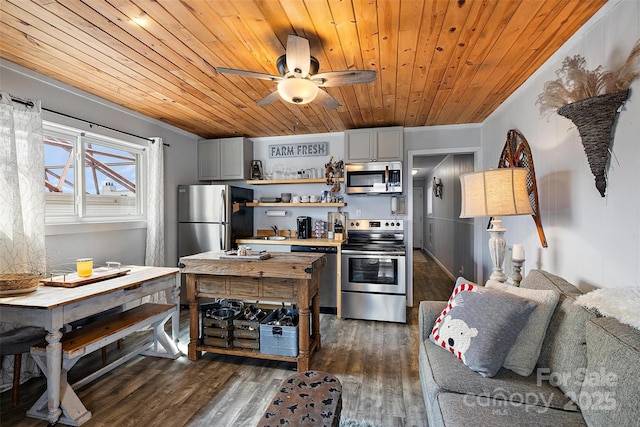 kitchen with dark hardwood / wood-style floors, wood ceiling, appliances with stainless steel finishes, ceiling fan, and sink