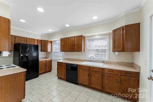 kitchen with crown molding, light tile patterned floors, sink, and black appliances