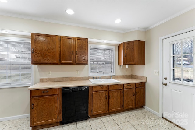 kitchen featuring sink, crown molding, light tile patterned floors, and dishwasher