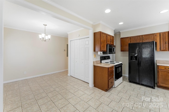 kitchen with ornamental molding, pendant lighting, black refrigerator with ice dispenser, and electric stove