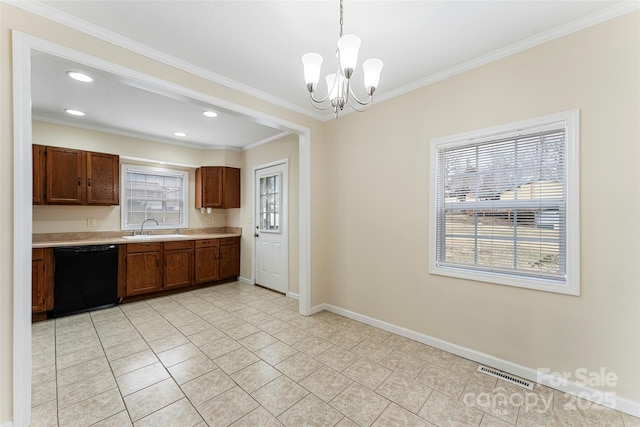 kitchen featuring hanging light fixtures, a wealth of natural light, black dishwasher, and sink