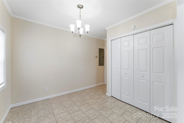 unfurnished bedroom with crown molding, electric panel, an inviting chandelier, and multiple windows