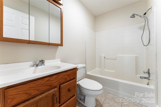 full bathroom with tile patterned flooring, vanity, tub / shower combination, and toilet