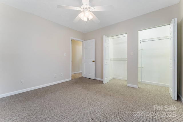 unfurnished bedroom featuring ceiling fan and light colored carpet